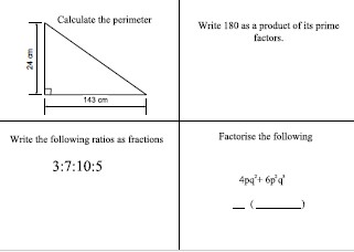 Starter on product of prime factors, factorising an expression, ratio and Pythagoras' Theorem.